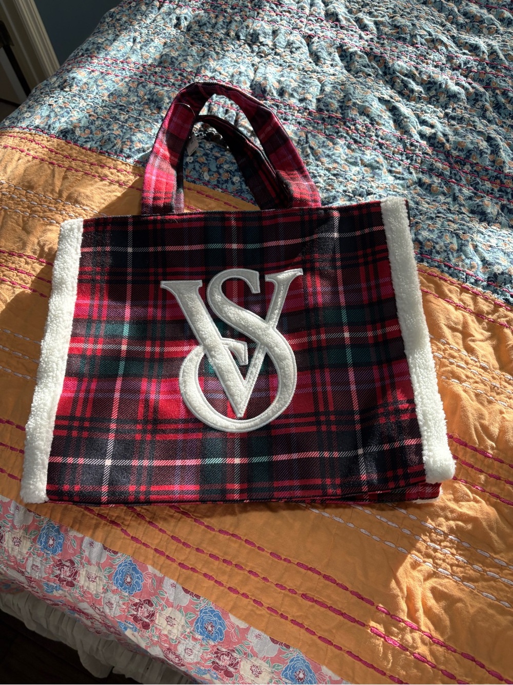 Victoria's Secret Red Plaid Tote with Faux Shearling Trim